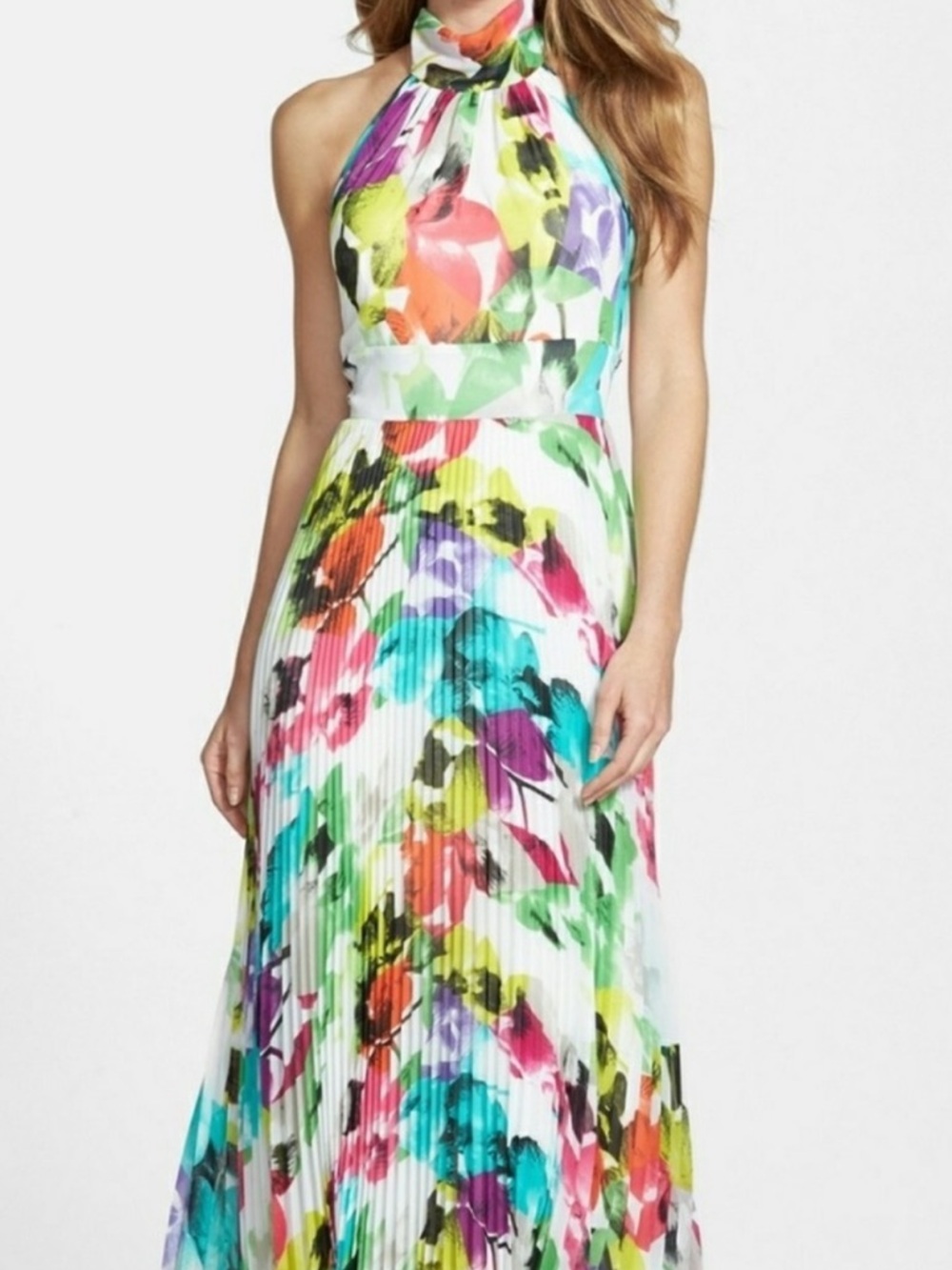 Eliza J Watercolor Floral Halter Pleated Maxi Dress in Multicolor Size 6
